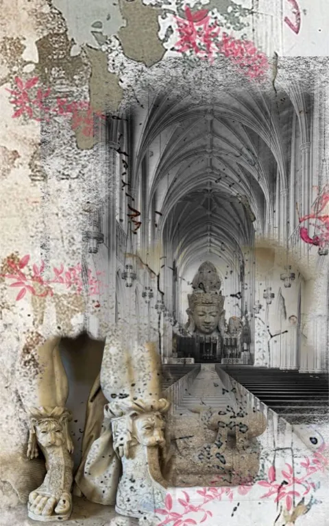 Ancient Reverie: Collage of a vaulted cathedral nave with a seated stone figure, carved lion feet and pink blossoms over a cracked, map-like wall