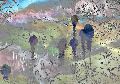 Tall bear grass plumes in violet over a soft pastel meadow