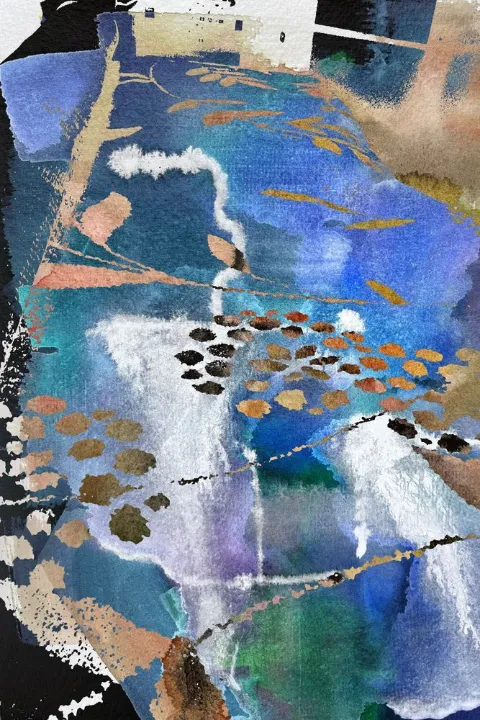 Cascading blues and whites with scattered dots and gold accents
