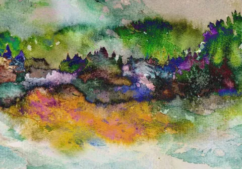 A horizon of green and gold watercolor blooms with an ochre foreground
