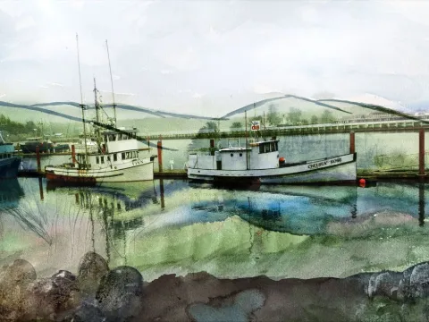 Fishing boats moored by an arched bridge, reflected in green water