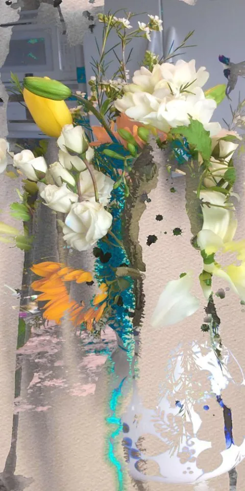White blossoms with a single yellow bloom over pale gray and teal streaks