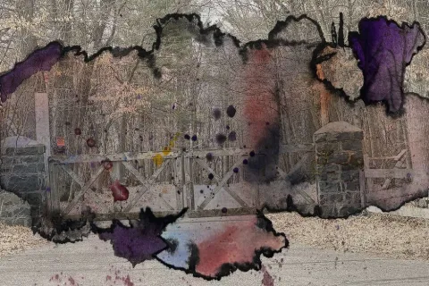 Weathered gray wall with violet watercolor stains and a torn edge