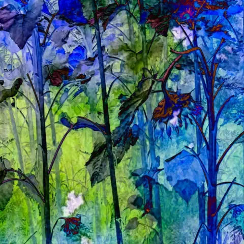 Blue and green stems and leaves swaying in vivid layered color