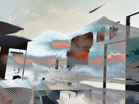 Angular gray and white rooftops with flashes of red against a misty sky