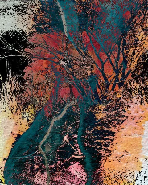 Tangled red and teal trees with copper-orange foliage on a pale ground