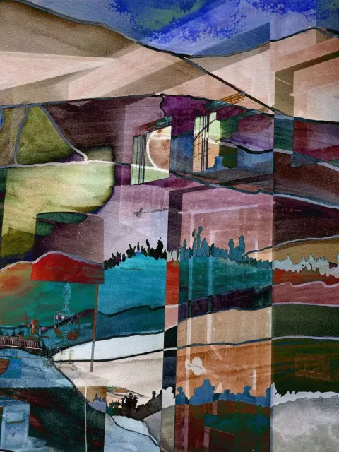 Stacked horizontal bands of rose, teal and ochre like stepped landscapes
