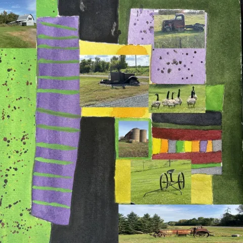 Patchwork of Memories: Collage of farm photographs, a tractor and cows framed by violet and yellow stripes
