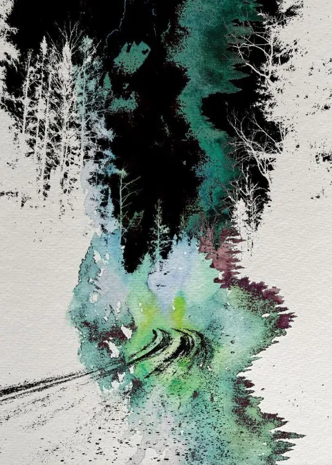A dark wooded mass with a pale path opening through teal and green washes