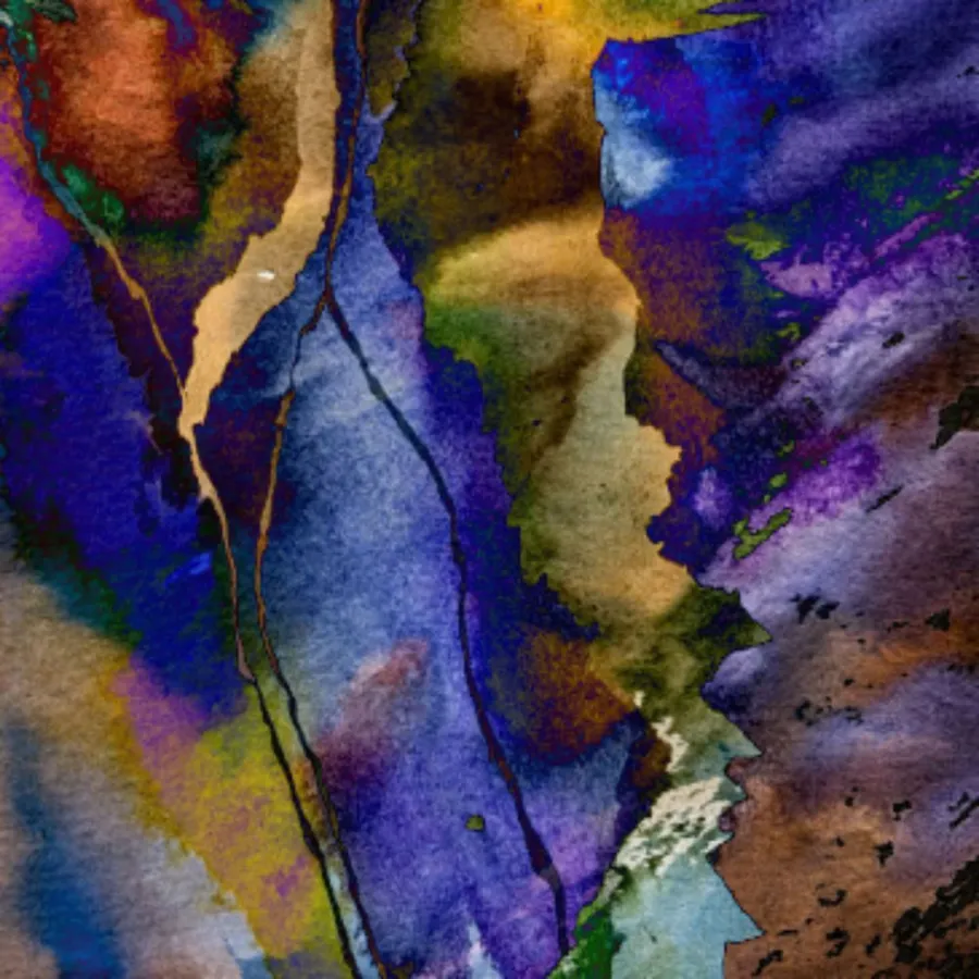 Royal Gap: Torn shapes of violet, ochre and deep blue meeting along a jagged gold seam