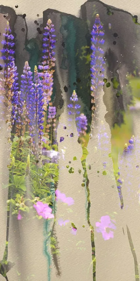 Tall lavender spikes and a pink blossom on a pale wash
