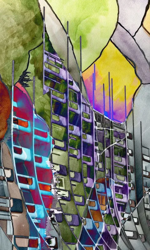 Stacked violet, gold and teal facades framed by a leaded-glass arch