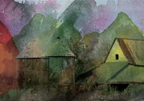 Rust-colored barns among green hills in soft watercolor