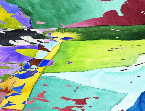 Bold fields of lime, turquoise, yellow and crimson flowing toward a horizon