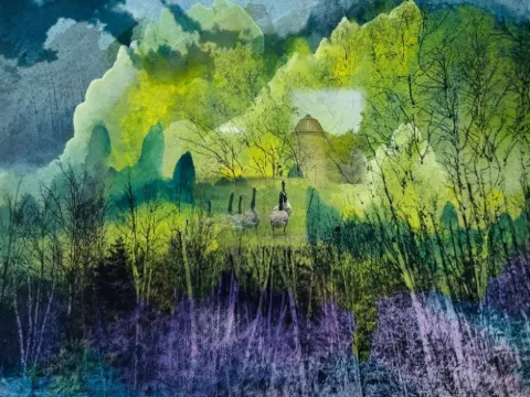 A farmhouse nestled among green trees with violet grasses in front