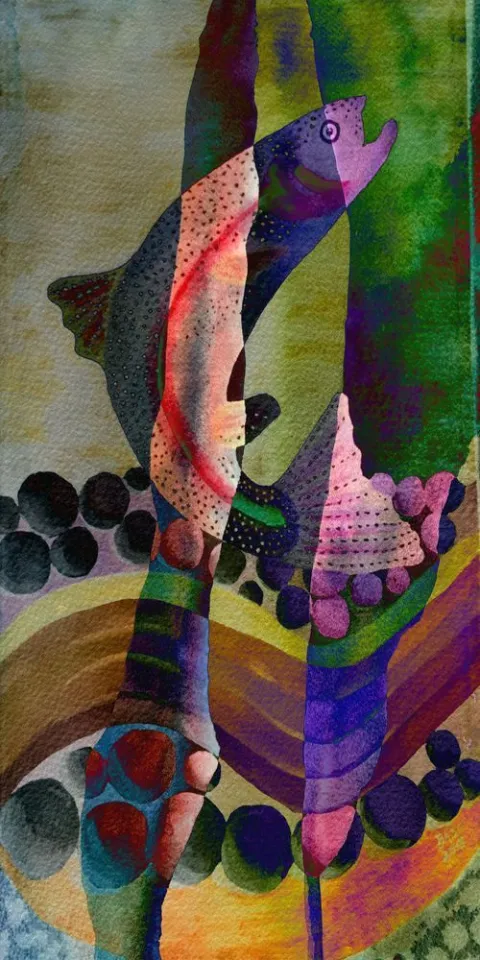 A slender trout-like form in rose, green and gold with a dotted base