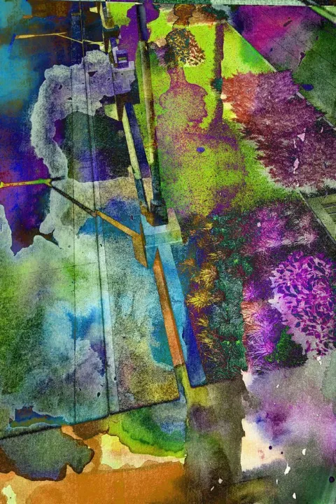 Vertical streams of chartreuse, violet and teal with a pale figure-like form