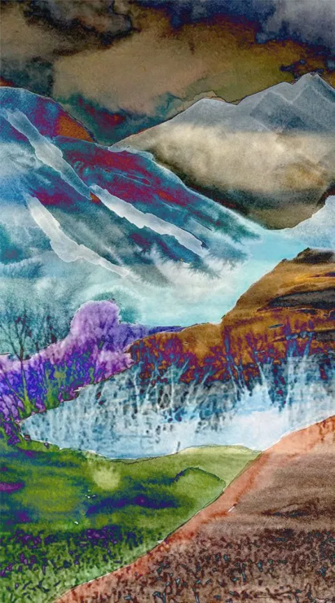 Mountains above a winding road in blue, violet and gold
