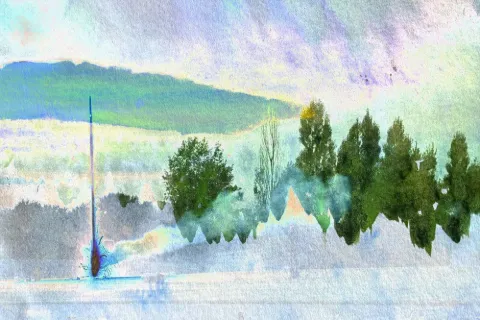 A row of green trees reflected over pale blue snow-like fields