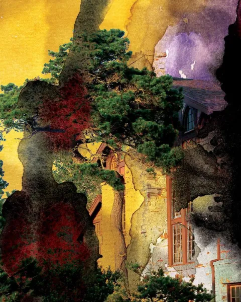 A golden doorway glimpsed through dark red foliage