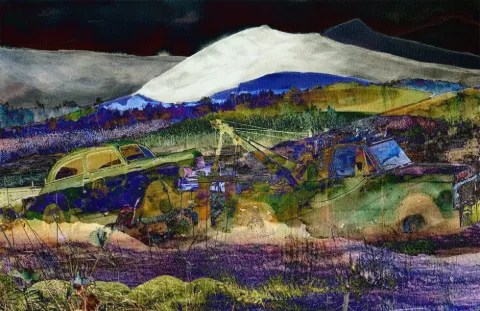 Rolling violet and gold hills under a white snowcapped ridge